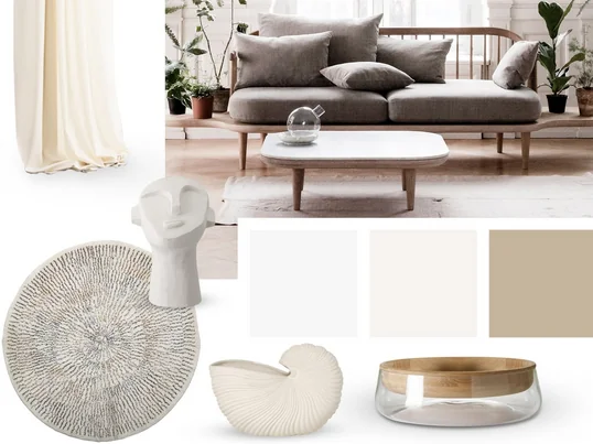 Zimmer umgestalten mit Accessoires in helle Beigetönen. Abgebildet sind der Ready Made Curtain von Kvadrat, der runde Teppich und die abstrakte Kopf Skulptur von Bloomingville, Shell Pot von ferm Living und die Double Bowl von Peruse.