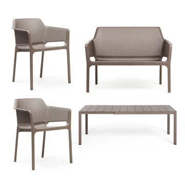 Nardi - Rio Alu Ausziehtisch 140 + Net Bank + 2x Net Armlehnstuhl, tortora