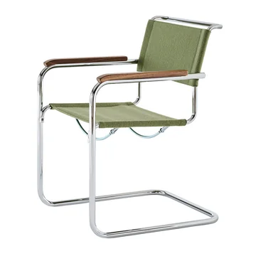 Thonet - S 34 V Armlehnstuhl, Chrom / resedagrün (Stoff Gabriel Nobel) / Armlehne Walnuss geölt