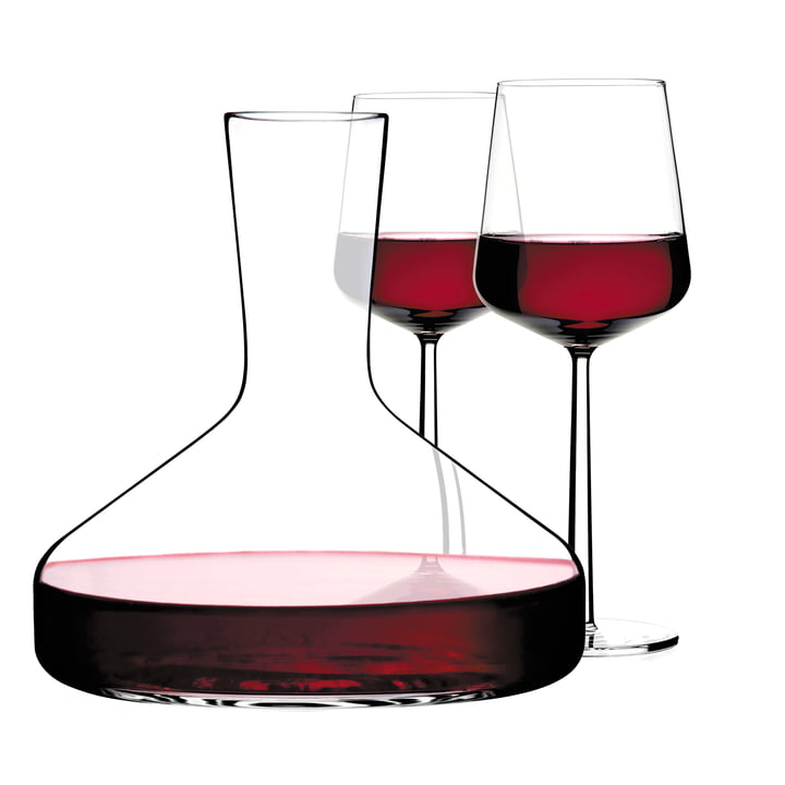 Iittala - Weinkaraffe Decanter, Essence Rotwein-Gläser, gefüllt