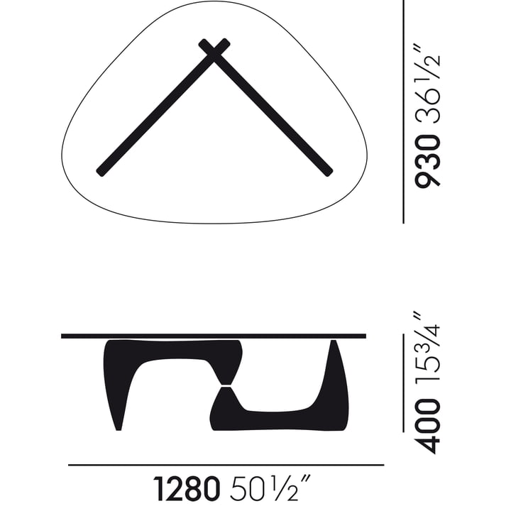 Technische Zeichnung mit Abmessungen des Vitra Coffee Tables