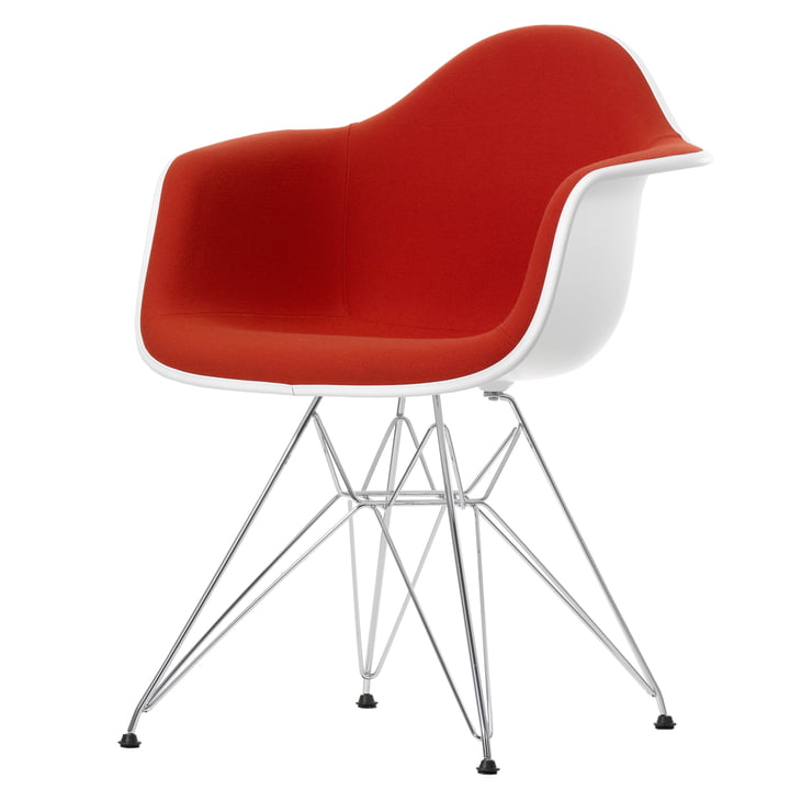 Vitra - Eames Plastic Armchair DAR Vollpolster, verchromt / weiss / Hopsak poppy red