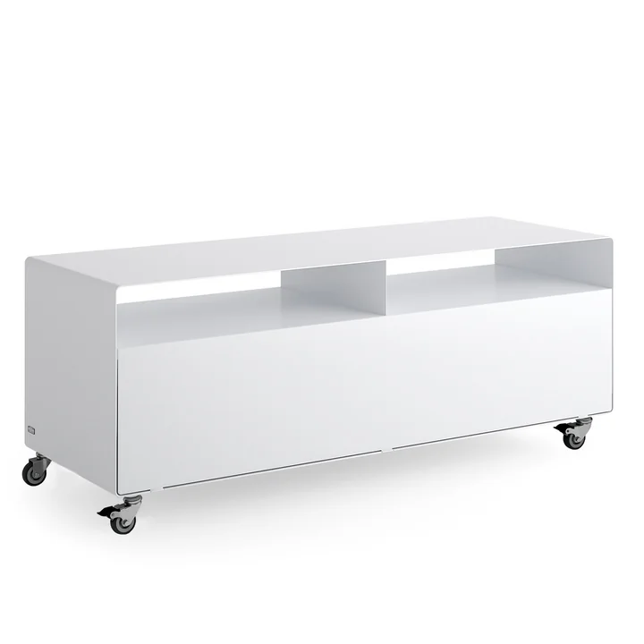 R 109N Sideboard mit Klapptür auf Rollen von Müller Möbelfabrikation in signalweiss seidenmatt (RAL 9003)