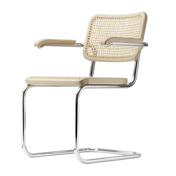 S 64 V Armlehnstuhl von Thonet in Chrom / Buche natur (TP 17) / Rohrgeflecht mit Kunststoffstützgewebe