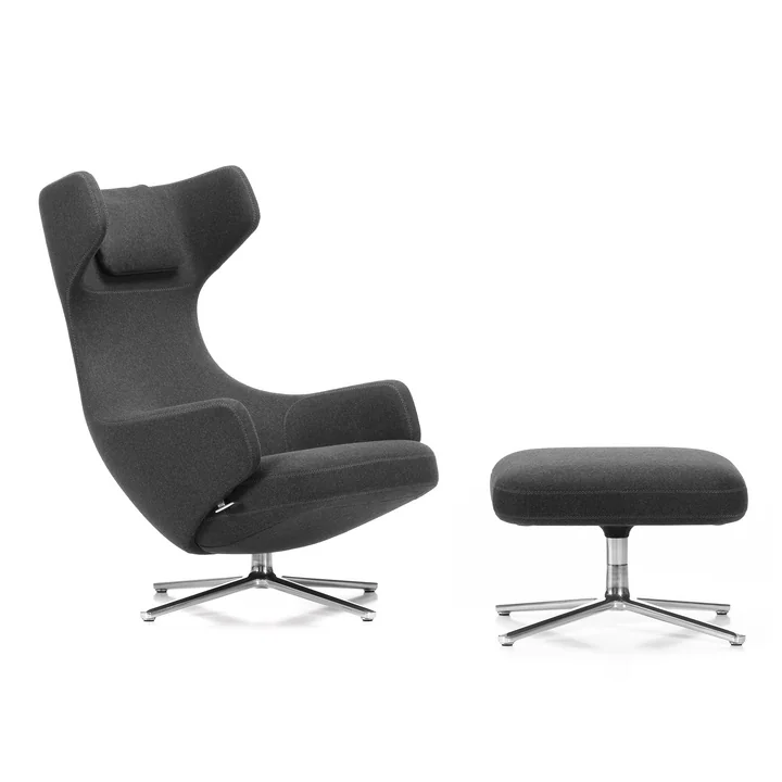 Grand Repos Sessel und Ottoman von Vitra in Cosy grau (10 classic grey) / Aluminium poliert (Filzgleiter)