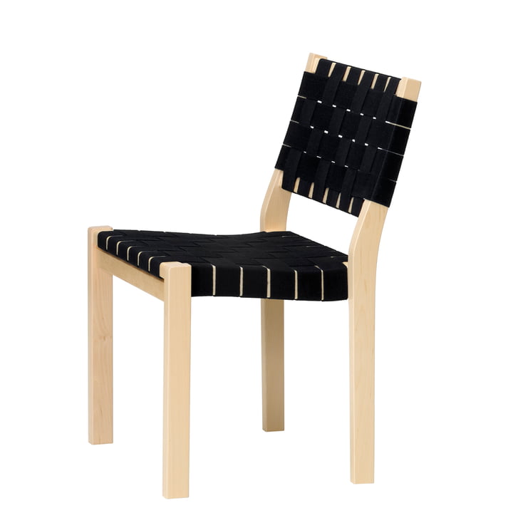 Stuhl 611 von Artek in Birke klar lackiert / Leinengurte schwarz