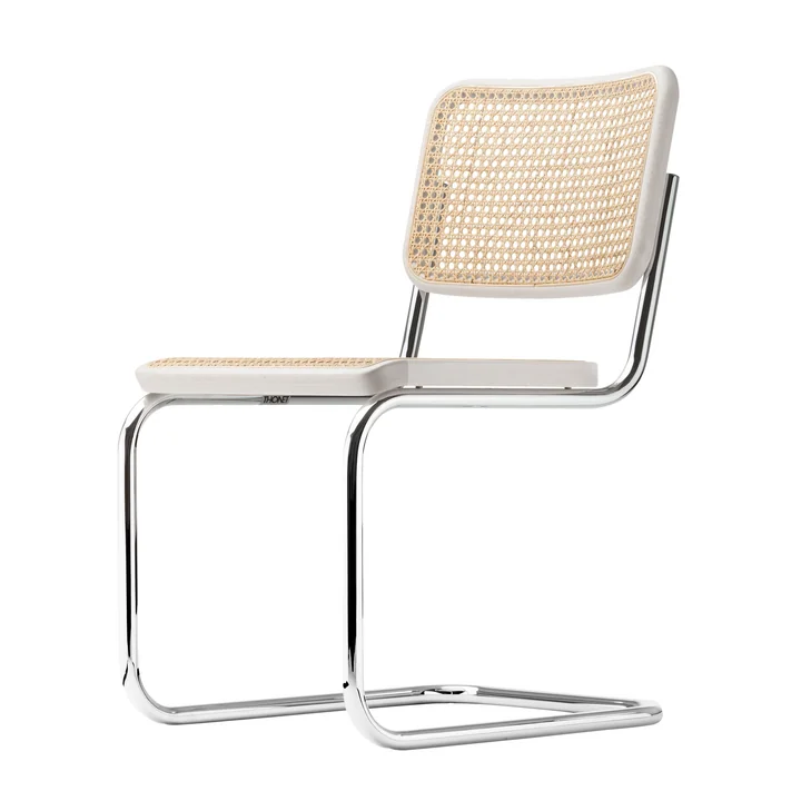 S 32 V Stuhl von Thonet in Chrom / Buche weiss lasiert (TP 200) / Rohrgeflecht mit Stützgewebe