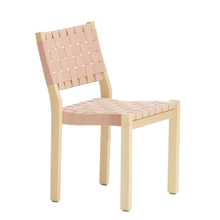 Stuhl 611 von Artek in Birke klar lackiert / Leinengurte natur-rot gemustert