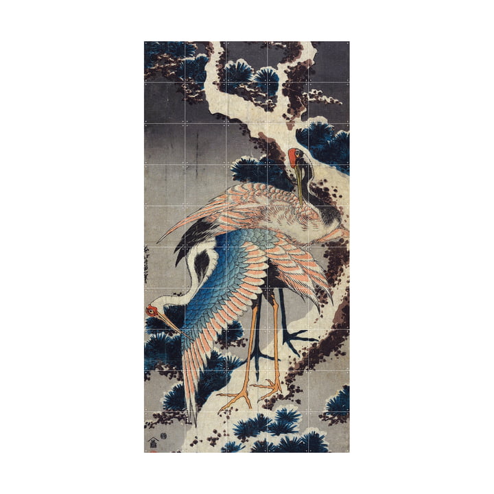Kraniche am Ast einer verschneiten Kiefer (Hokusai) 100 x 200 cm von IXXI