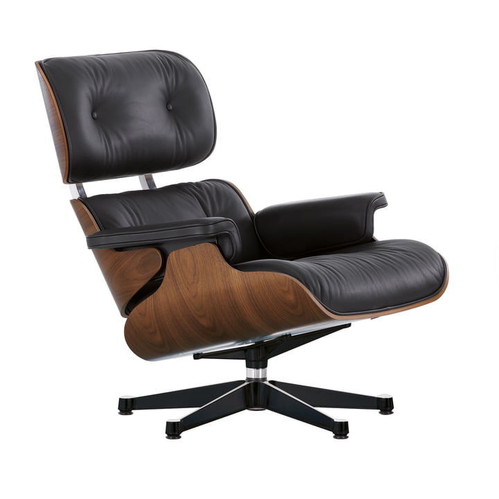 Vitra - Lounge Chair, poliert / Seiten schwarz, Nussbaum schwarz pigmentiert, Leder schwarz (Premium F nero), neue Masse