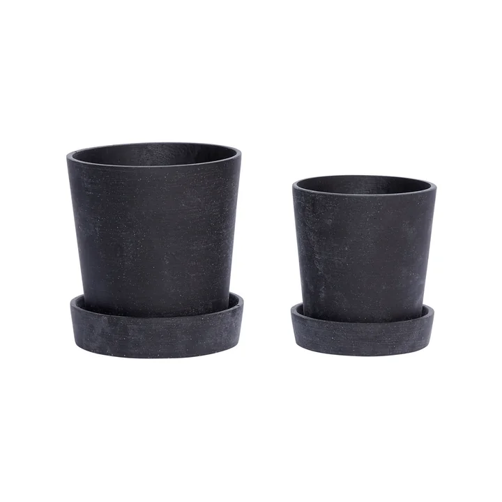 Pflanztopf mit Untersetzer 2er Set, schwarz, klein von Hübsch Interior