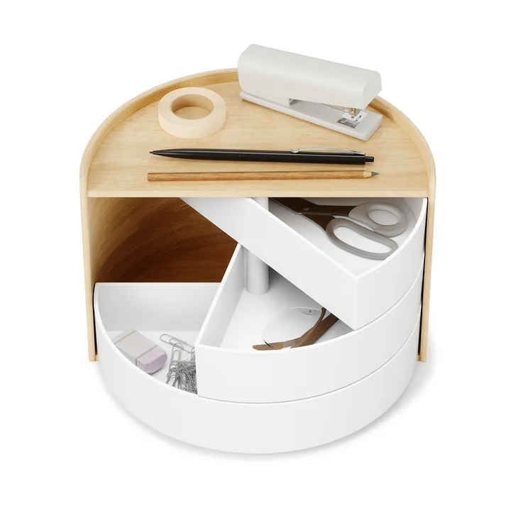 Die Moona Aufbewahrungsbox von Umbra in weiss / natur mit Büromaterial
