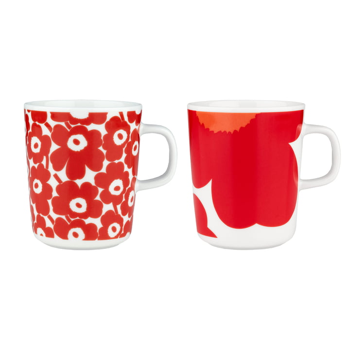 Oiva Iso Unikko & Pikkuinen Unikko Becher mit Henkel, 60th Anniversary, 250 ml, weiss / rot (2er-Set) von Marimekko