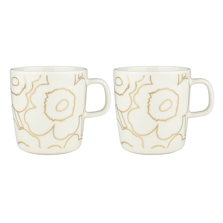 Oiva Piirto Unikko Becher mit Henkel, 400 ml, weiss / gold (2er-Set) von Marimekko