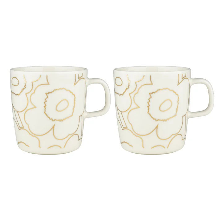 Oiva Piirto Unikko Becher mit Henkel, 400 ml, weiss / gold (2er-Set) von Marimekko