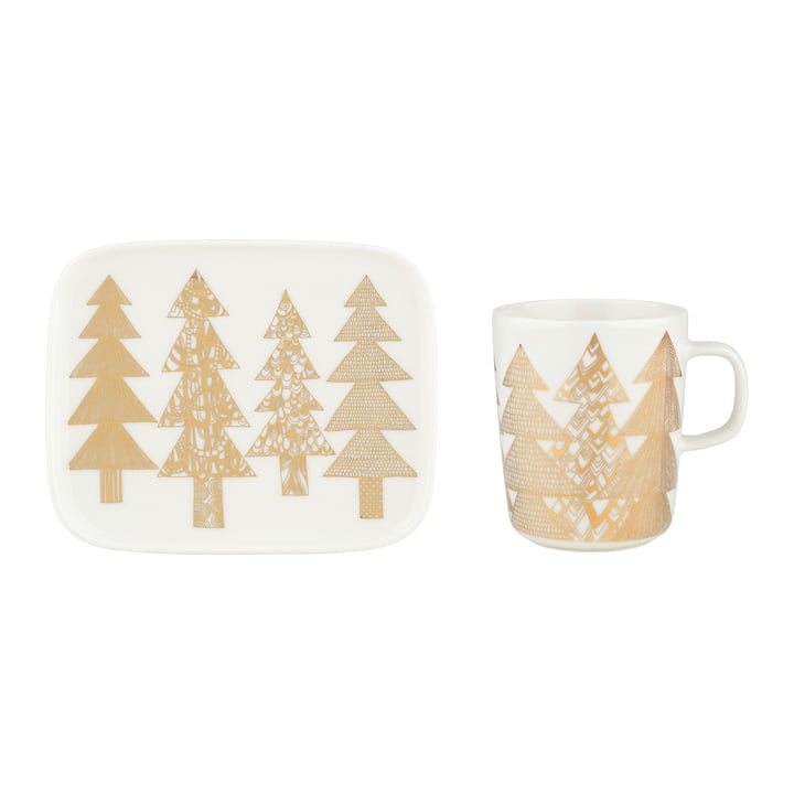 Marimekko - Oiva Kuusikossa Becher mit Henkel & Teller, 250 ml & 15 x 12 cm, weiss / gold (2er-Set)