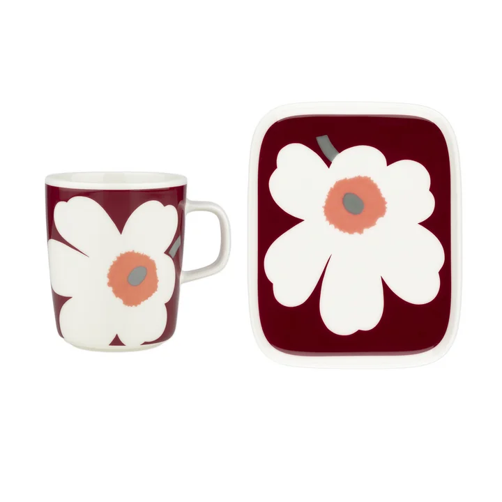 Unikko 60th Anniversary Becher mit Henkel & Teller, weiss / dark cherry / ash grey (2er-Set) von Marimekko