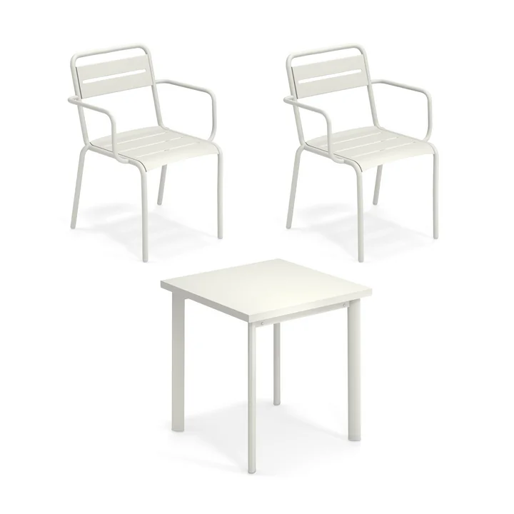 Emu - Star Outdoor Tisch 70 x 70 cm + Armlehnstuhl (2er Set), weiss