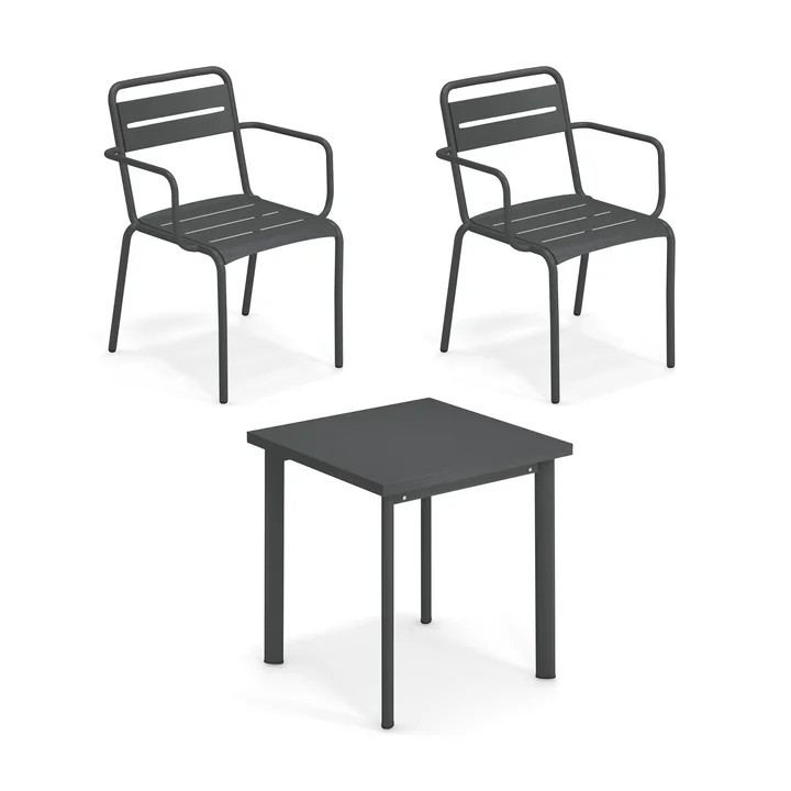 Emu - Star Outdoor Tisch 70 x 70 cm + Armlehnstuhl (2er Set), antikeisen