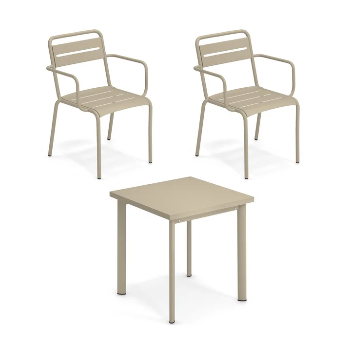 Emu - Star Outdoor Tisch 70 x 70 cm + Armlehnstuhl (2er Set), taupe