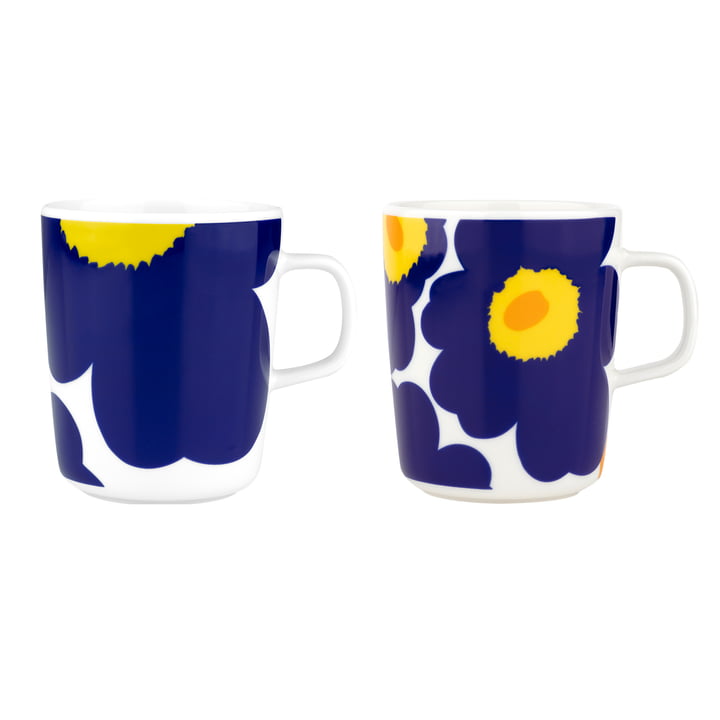 Marimekko - Oiva Iso Unikko & Unikko Becher mit Henkel, 60th Anniversary, 250 ml, weiss / dunkelblau / gelb (2er-Set) (60th Anniversary Collection)