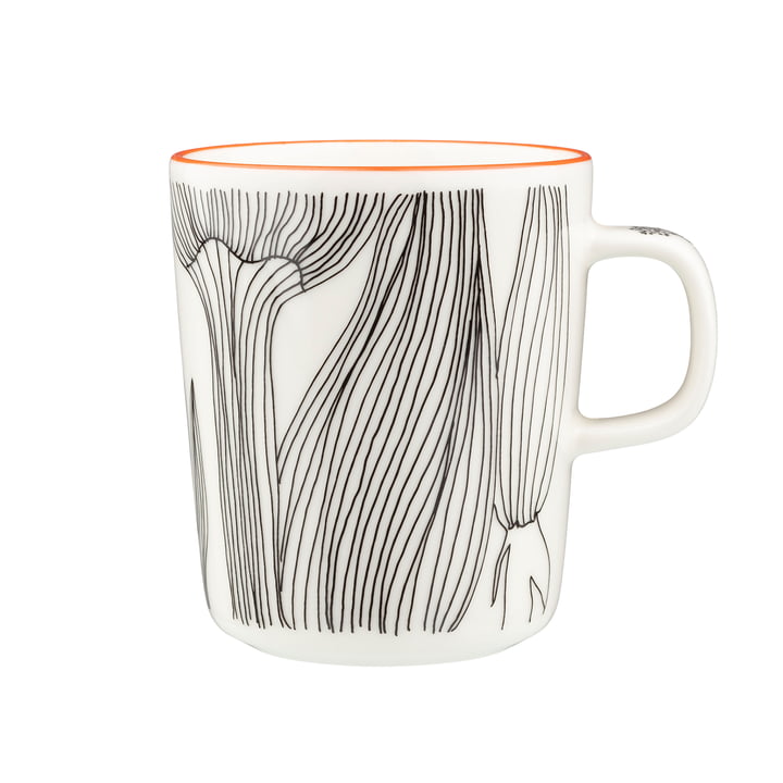 Marimekko - Oiva Kukat puhkeavat Becher mit Henkel, 250 ml, weiss / schwarz / orange