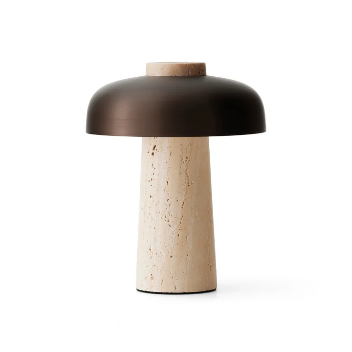 Audo - Reverse LED Tischleuchte mit Akku, Ø 24,5 x H 19,6 cm, Messing brüniert / Travertin-Stein