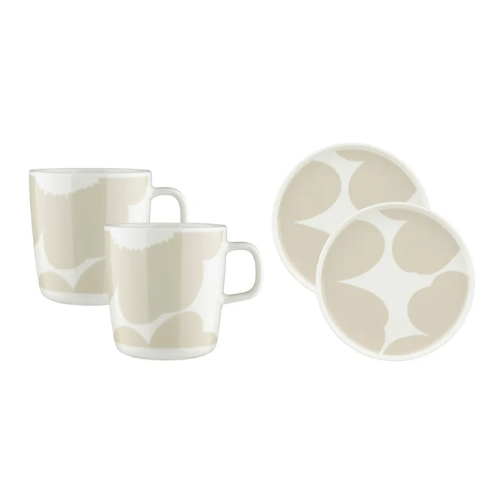 Marimekko - Oiva Iso Unikko Teller & Becher, Ø 25 cm & 250 ml, weiss / straw (4er-Set) 