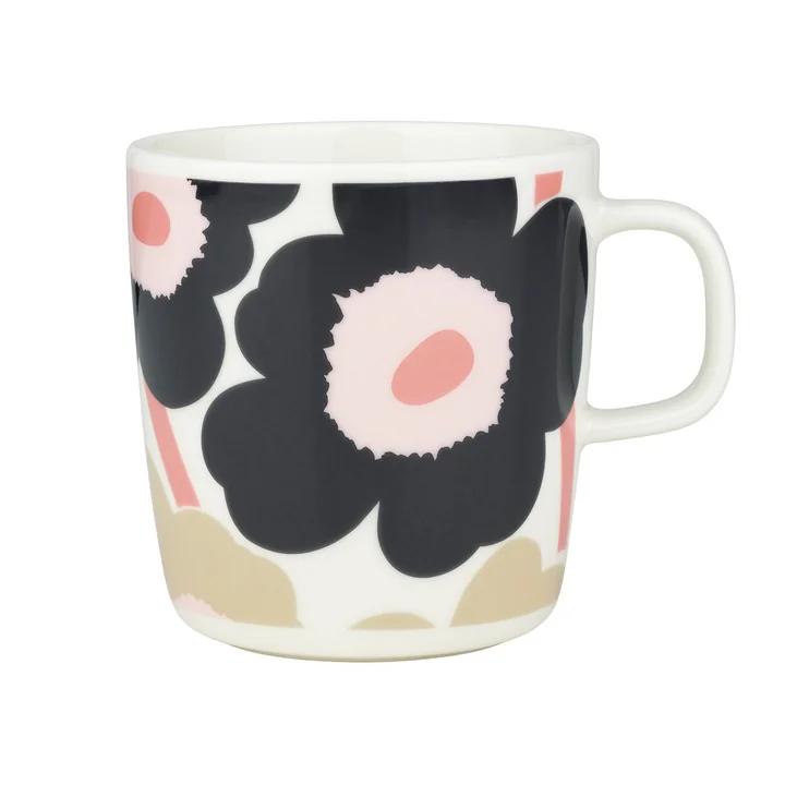 Marimekko - Oiva Unikko Becher mit Henkel, 400 ml, off white / charcoal / sand / pink