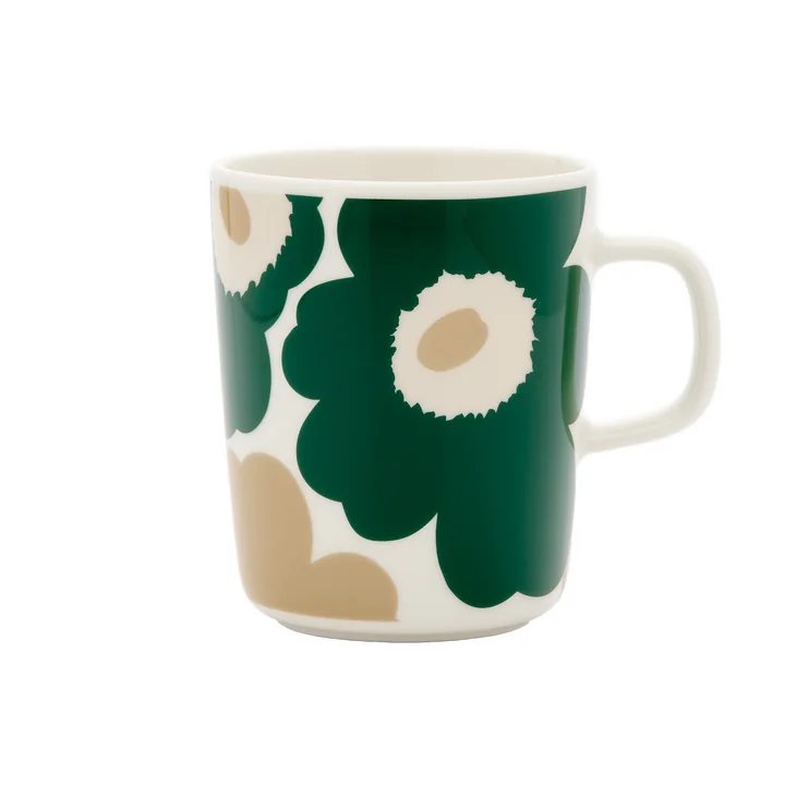 Marimekko - Oiva Unikko Becher mit Henkel 250 ml, weiss / dunkelgrün / beige / light sand