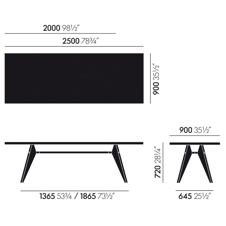 Die Masse des Em Table Esstischs von Vitra Eiche