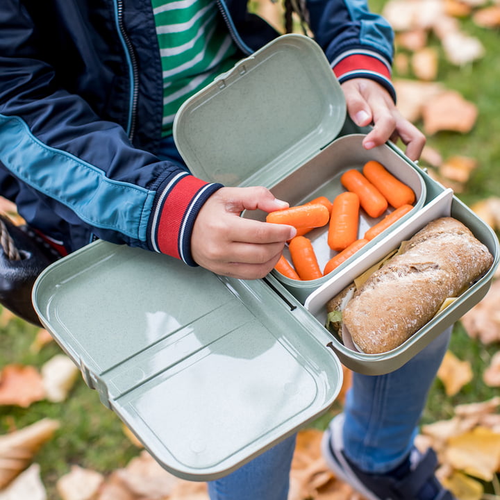 Pascal Lunchbox organic green von Koziol mit Brot und Gemüse