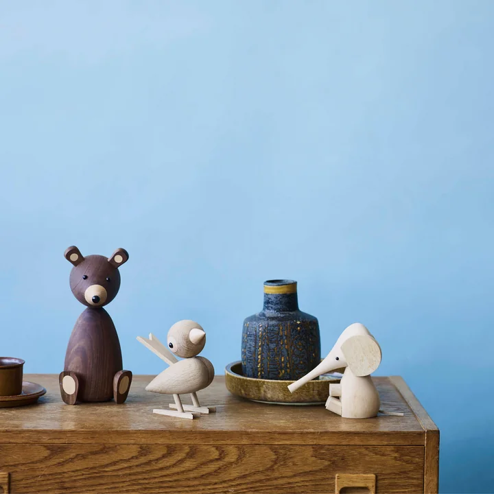 Baby Elefant, Spatz und Bär Holzfiguren von Lucie Kaas