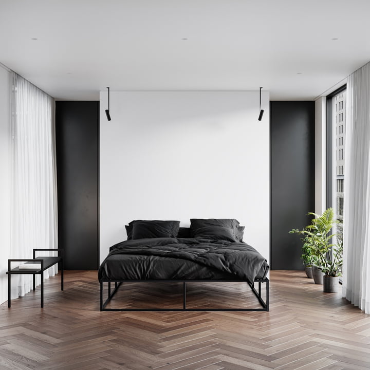 Die Bank von Nichba Design im minimalistischen, schwarz-weissen Schlafzimmer