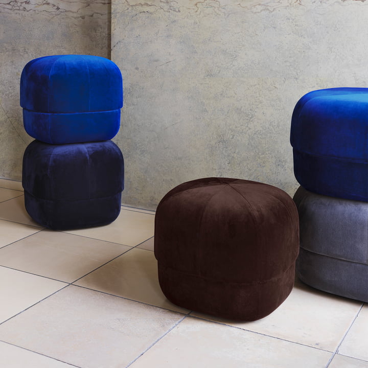 Circus Pouf in Kaffee Velour und electric blau Velour von Normann Copenhagen