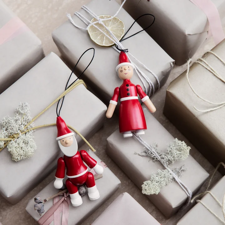 Weihnachtsmann & Weihnachtsfrau Holz-Ornamente von Kay Bojesen in der Ausführung rot / weiss