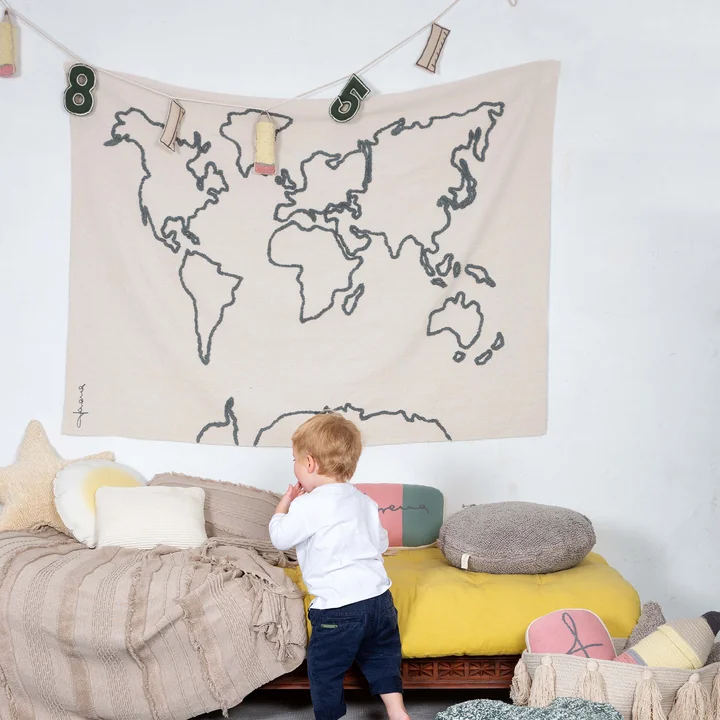 Wandteppich, Weltkarte, 160 x 120 cm, natur / schwarz von Lorena Canals