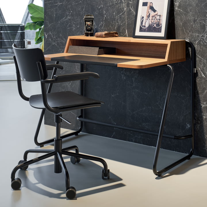 S 43 FDR Bürostuhl mit Armlehnen, Alu schwarz / Buche schwarz gebeizt von Thonet