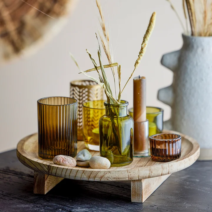 Bloomingville - Sanga Tablett mit Teelichthaltern, Ø 32 x H 15 cm, natur (8er-Set)