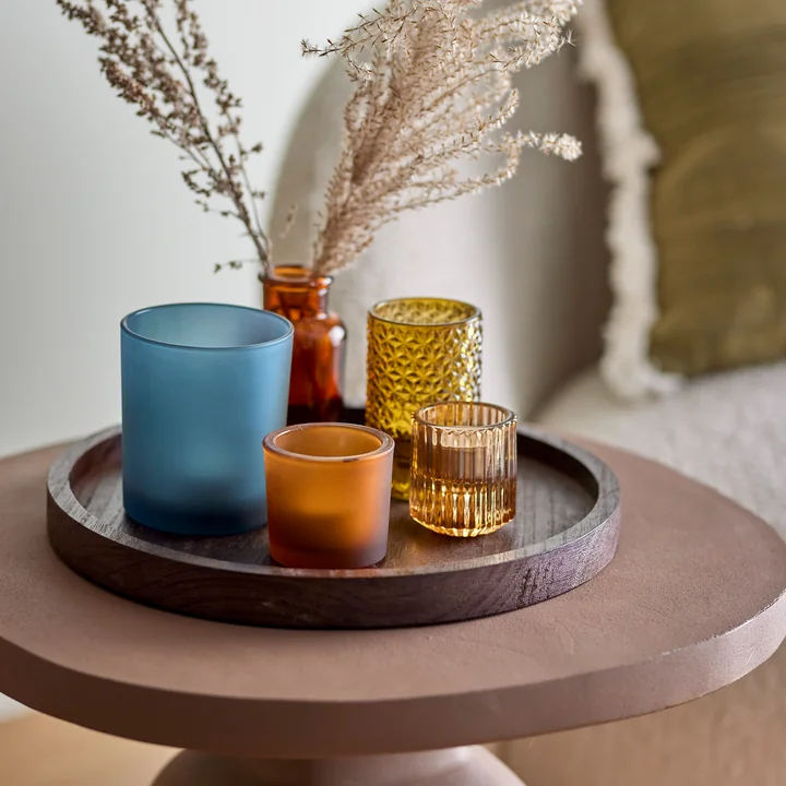 Bloomingville - Sanga Tablett mit Teelichthaltern Ø 30 x H 10,5 cm, braun (6er-Set)