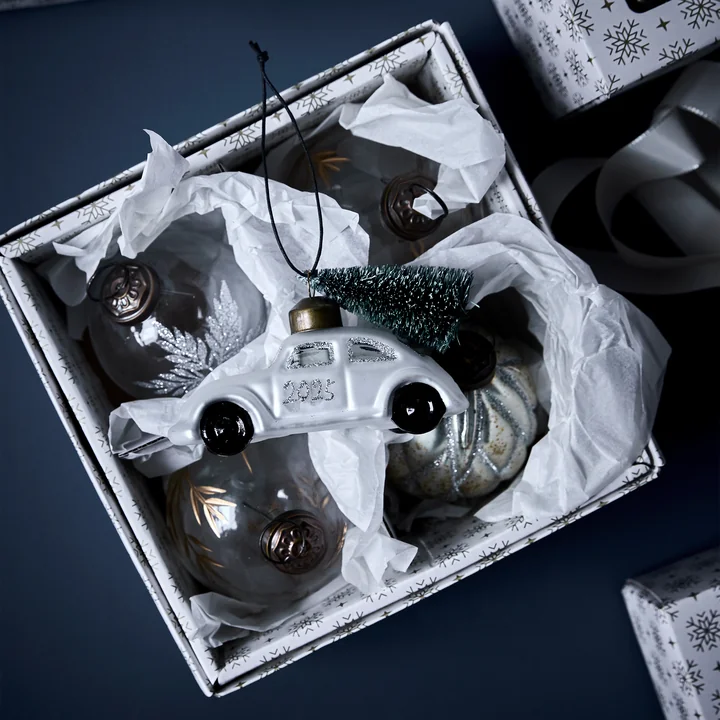 House Doctor - Xmas Cars Deko-Autos, 5,5 cm, weiss / silber