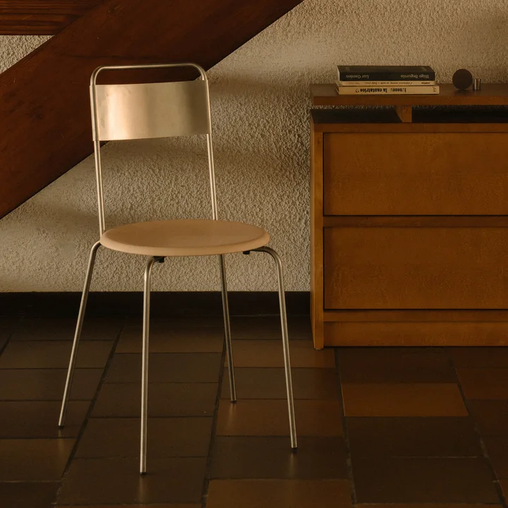 Frama - Petit Rond Stuhl, Edelstahl gebürstet / Leder natural