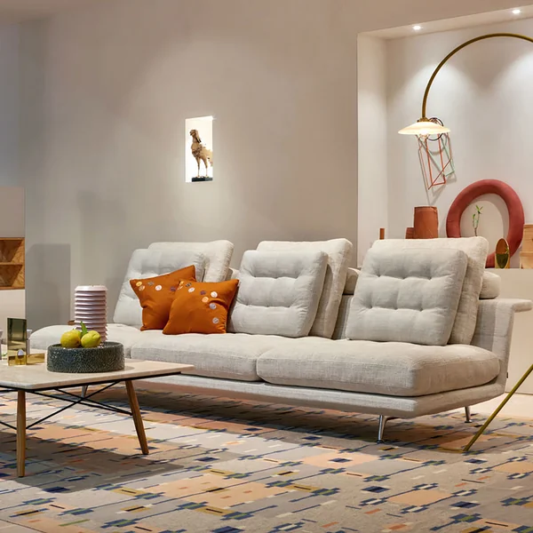 Vitra - Grand Sofà 3,5-Sitzer, beidseitig bündig, Untergestell Aluminium Druckguss, poliert / Beige (Corsaro stone melange 05) (Polster geheftet)